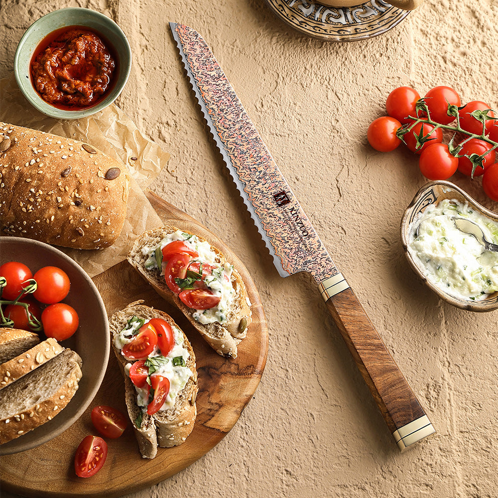 XINZUO 8.5 Inches Serrated Bread Knife, 53-Layer Tri-Color Copper Damascus Steel,Rosewood Handle,Acacia Wooden Gift Box Packing