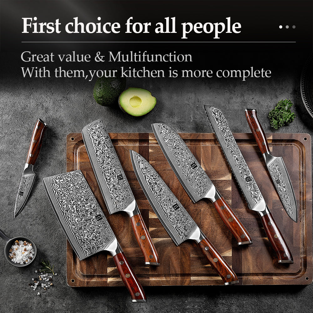 XINZUO 7-Piece Damascus Knife Collection — All-in-One Kitchen Cutlery Set for Meat, Veg, Fruit & Bread | 67-Layer Damascus Steel, Rosewood Handle, 60±2 HRC