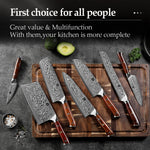 XINZUO 7-Piece Damascus Knife Collection — All-in-One Kitchen Cutlery Set for Meat, Veg, Fruit & Bread | 67-Layer Damascus Steel, Rosewood Handle, 60±2 HRC