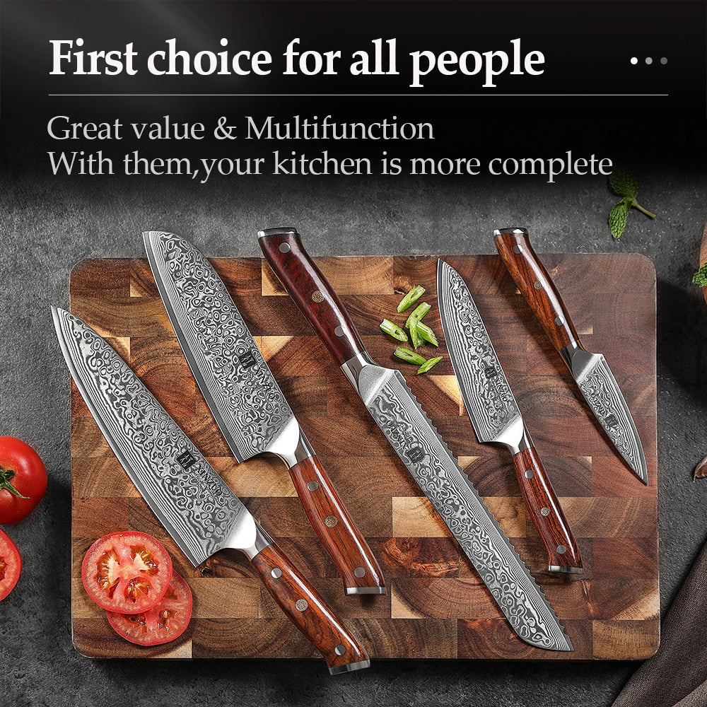 XINZUO 5-Piece 67 Layers Damascus Knife Set—Core Hardness 60±2HRC, Ultra-Sharp Kitchen Knives for Home Chefs & Daily Meal Prep