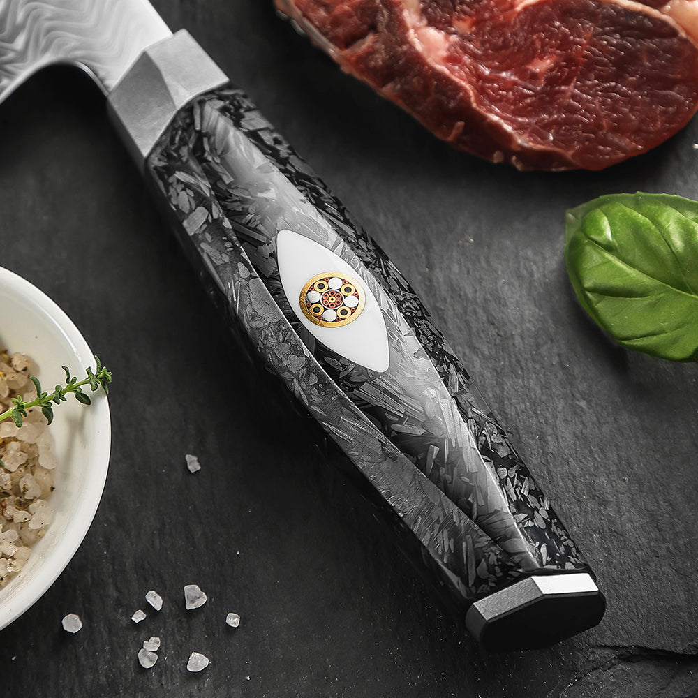 XINZUO 7PCS Knife Set 145-Layer M390 Damascus Steel Kitchen Knife – 60-62HRC Hardness, Black Carbon Fiber Handle