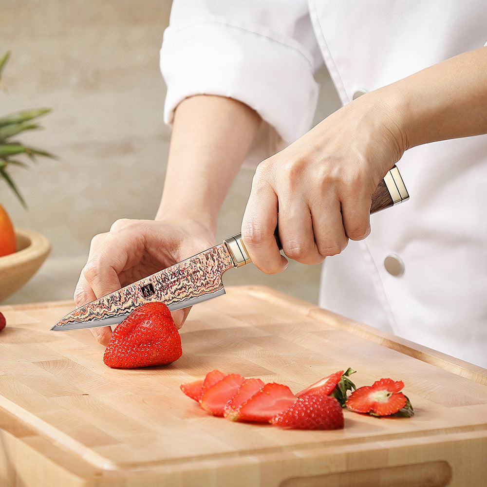 XINZUO 4 Inches Paring Knife, 53-Layer Tri-Color Copper Damascus Steel,Rosewood Handle,Acacia Wooden Gift Box Packing