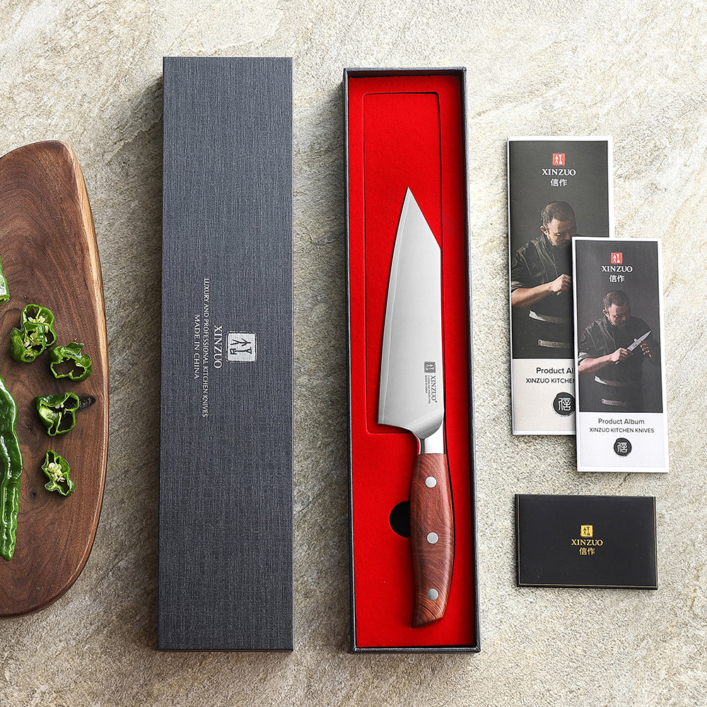 XINZUO 6.2”Sharp Kitchen Bunka Knife 3-Layer Composite Steel Comfort Red Wood Handle, Multipurpose Cooking Knife