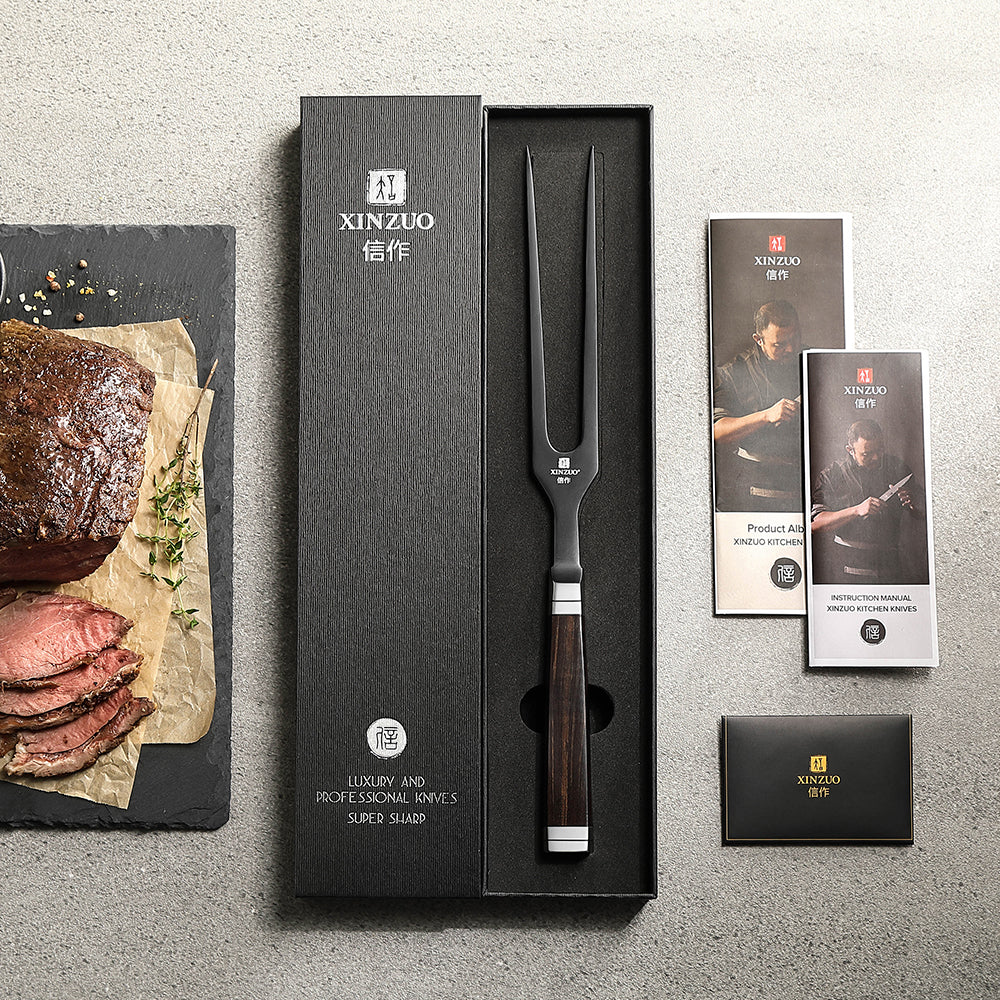 XINZUO Ji Series Professional Forged Carving Fork,430 Stainless Steel,Japanese Square Ebony Handle