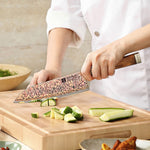 XINZUO 7 Inches Santoku Knife, 53-Layer Tri-Color Copper Damascus Steel,Rosewood Handle,Acacia Wooden Gift Box Packing