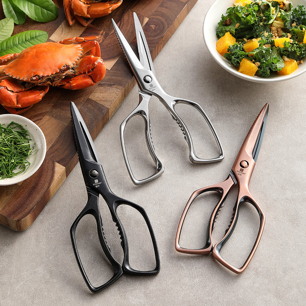 XINZUO 5Cr15 Stainless Steel Multifunctional Kitchen Scissors – One-Piece Solid Construction, Detachable & Ergonomic (Black/Silver/Bronze)