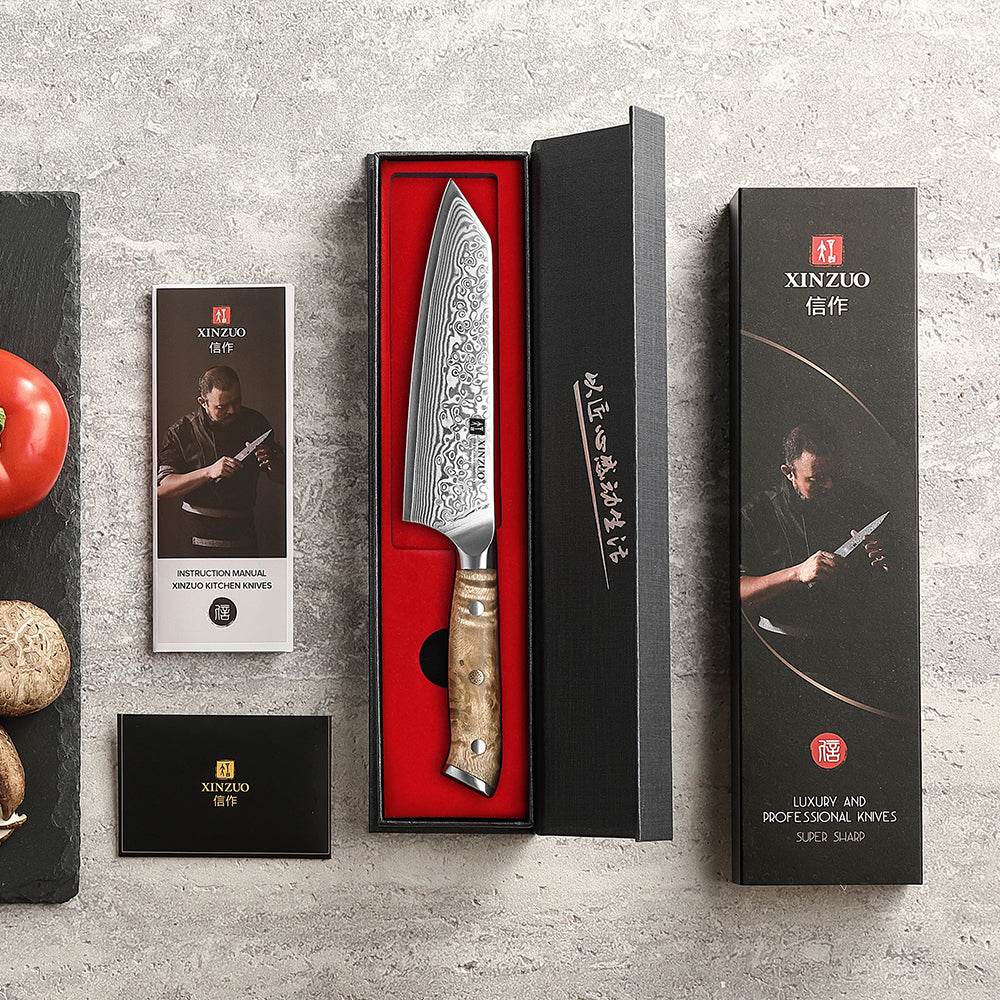XINZUO 5.8 Inch Bunka Knife 10Cr15CoMoV Core 67 Layers Damascus Steel Ergonomic Wood Handle with Gift Box - Ideal for Home Kitchen & Restaurant
