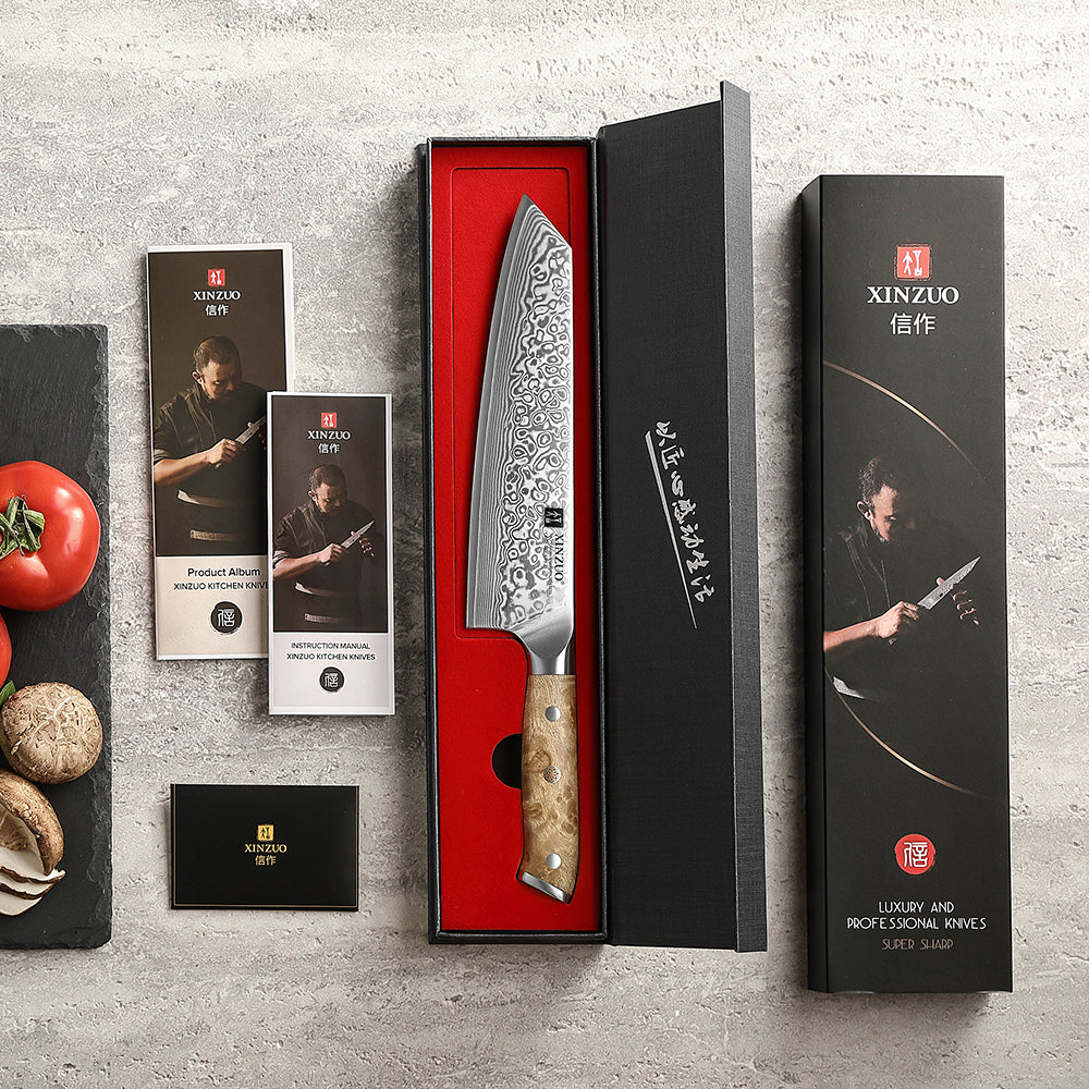 XINZUO 8.3" Bunka Knife 67-Layer Damascus Steel Kitchen Knife 10Cr15CoMoV Steel Core 60±2 HRC Hand-Sharpened 15° Edge Figured Sycamore Wood Handle