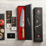 XINZUO 8.3" Bunka Knife 67-Layer Damascus Steel Kitchen Knife 10Cr15CoMoV Steel Core 60±2 HRC Hand-Sharpened 15° Edge Figured Sycamore Wood Handle