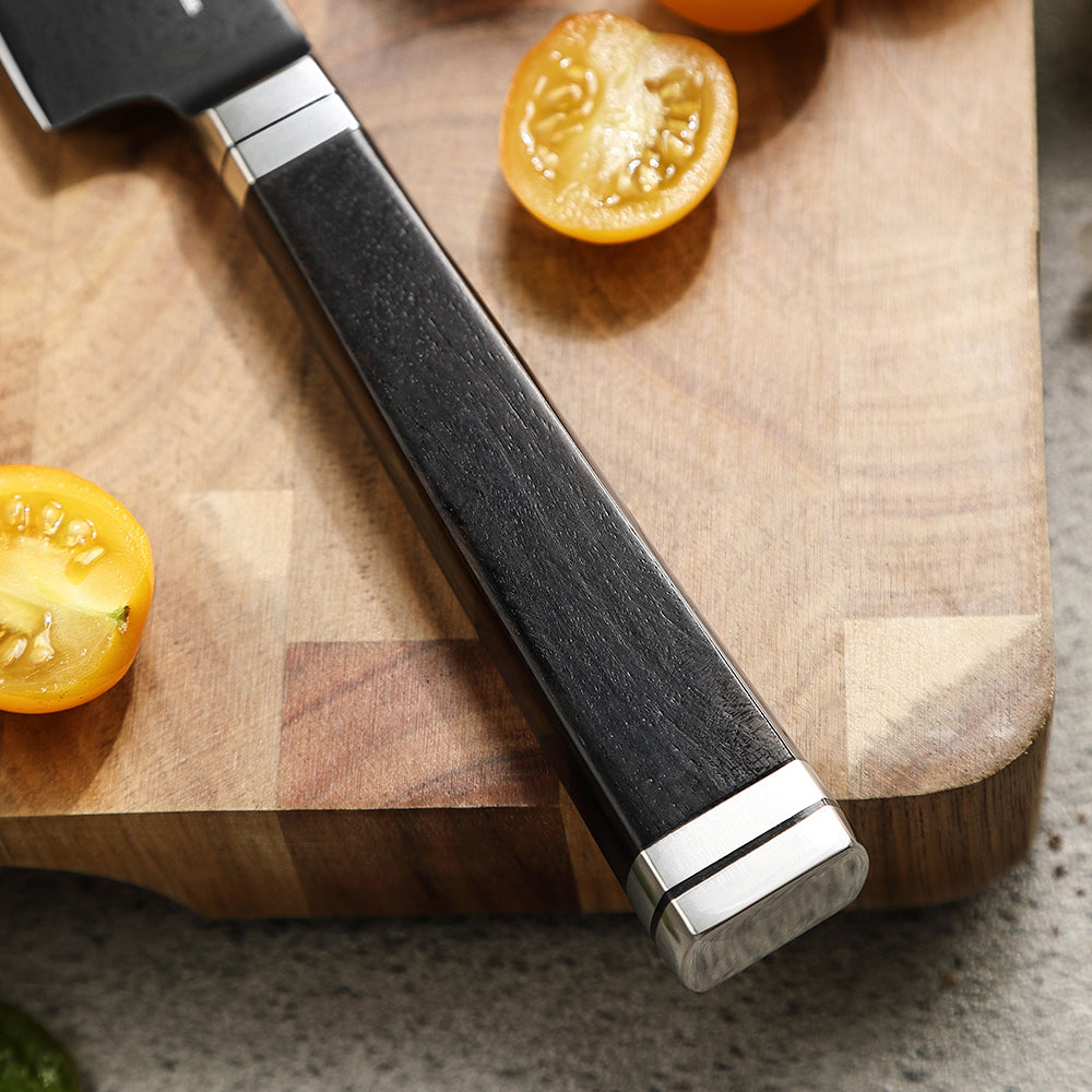 XINZUO Premium 5.3" Damascus Steel Utility Knife - 67 Layers Damascus Steel, 60±2 HRC, Black Titanium Plated, Full Tang, Professional Kitchen Knife