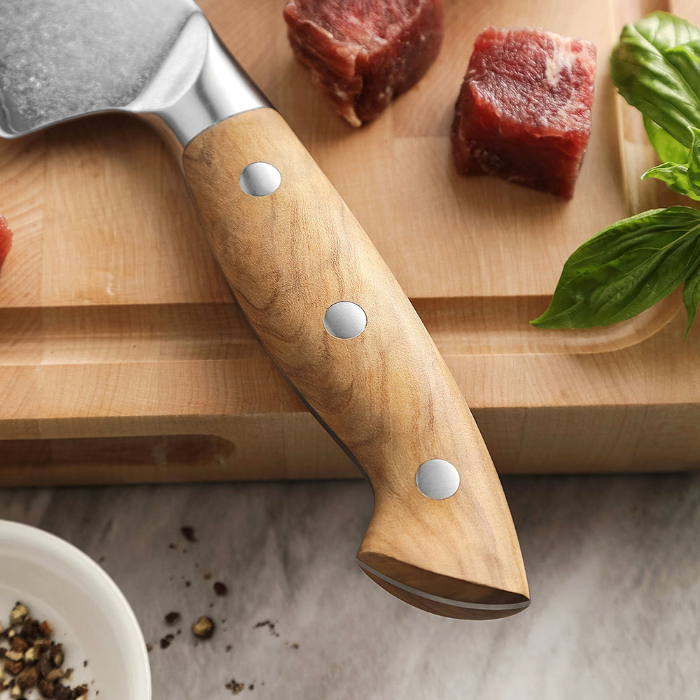 XINZUO Serrated Frozen Food Knife - Triple-Layer Composited Steel with Olive Wood Handle, Razor Sharp & Ergonomic Design-PIN Series