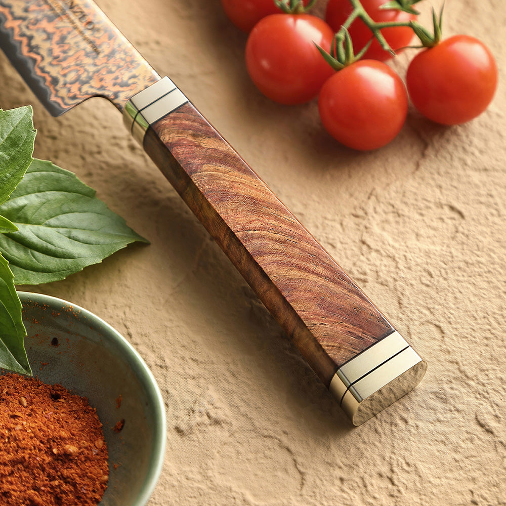 XINZUO 5.3 Inches Kitchen Utility Knife, 53-Layer Tri-Color Copper Damascus Steel,Rosewood Handle,Acacia Wooden Gift Box Packing