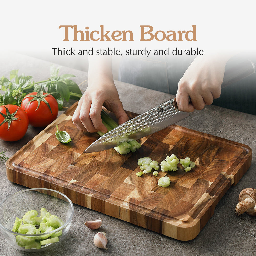 XINZUO Acacia Wood End Grain Cutting Board with Handles & Non-Slip Feet,Gift Box Package, Size 13.8" x 9.8" x 1"