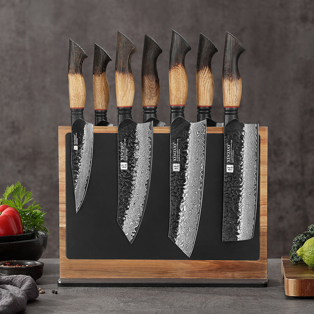 XINZUO Acacia Wood Dual-Side Magnetic Knife Holder with Leather | Raw & Cooked Food Zone Separation for Maximum Hygiene