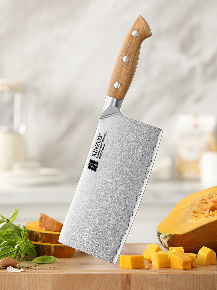 XINZUO Professional Chinese Meat Cleaver Knife - Triple-Layer Composited Steel with Olive Wood Handle, Razor Sharp & Ergonomic Design-PIN Series