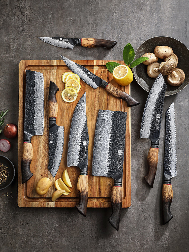 XINZUO 8-Piece Premium Damascus Steel Knife Set - Professional Kitchen Knives with Burnt Oak Handle