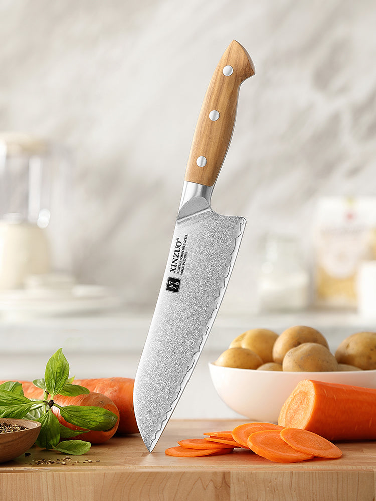 XINZUO Professional Santoku Knife - Triple-Layer Composited Steel with Olive Wood Handle, Razor Sharp & Ergonomic Design-PIN Series