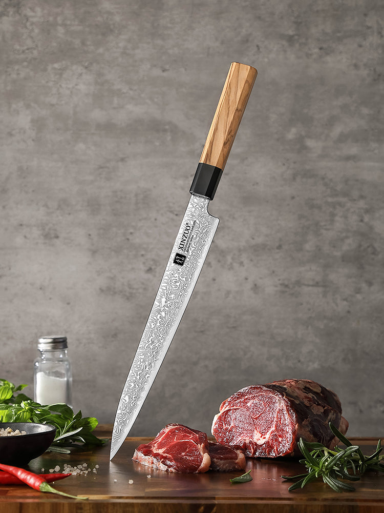 XINZUO 10 Inch Carving Knife, Custom 67‑Layer Damascus Steel Slicing Knife,15°±1 Per Side Sharp Edge, Premium Olive Wood & Buffalo Horn Handle