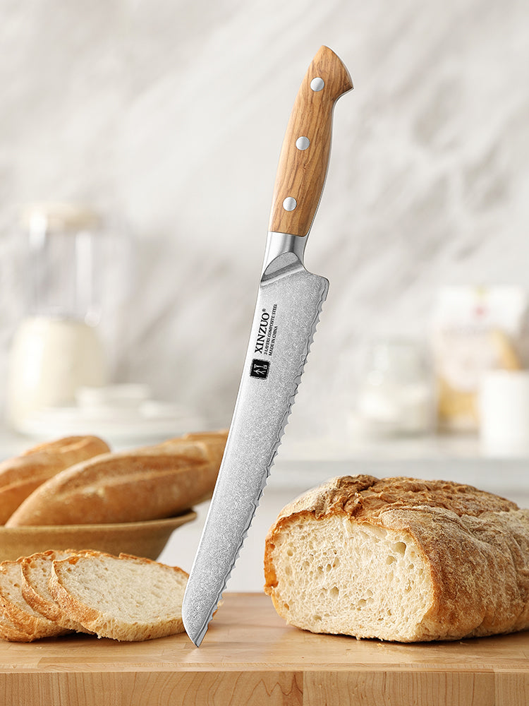 XINZUO Serrated Bread Knife - Triple-Layer Composited Steel with Olive Wood Handle, Razor Sharp & Ergonomic Design-PIN Series