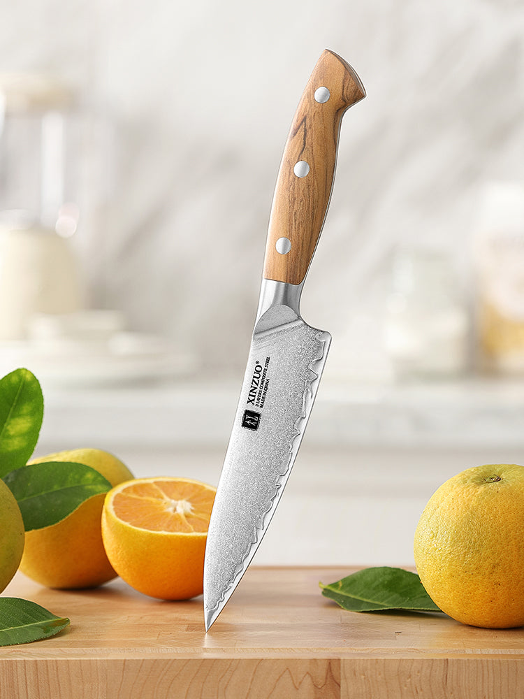 XINZUO 5.3 Inches Kitchen Utility Knife - Triple-Layer Composited Steel with Olive Wood Handle, Razor Sharp & Ergonomic Design-PIN Series