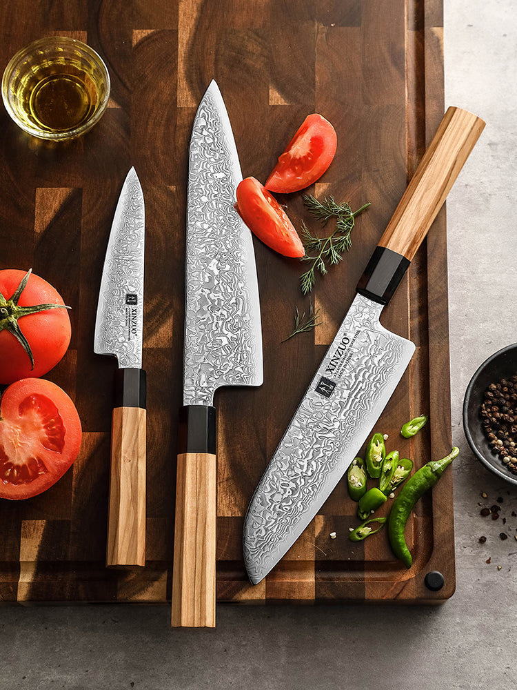 XINZUO 3PCS Kitchen Knife Set, Utility+Chef+Santoku Knife Combo, 67 Layers Damascus Steel Blade, 15°±1 Ultra Sharp Cutting Edge