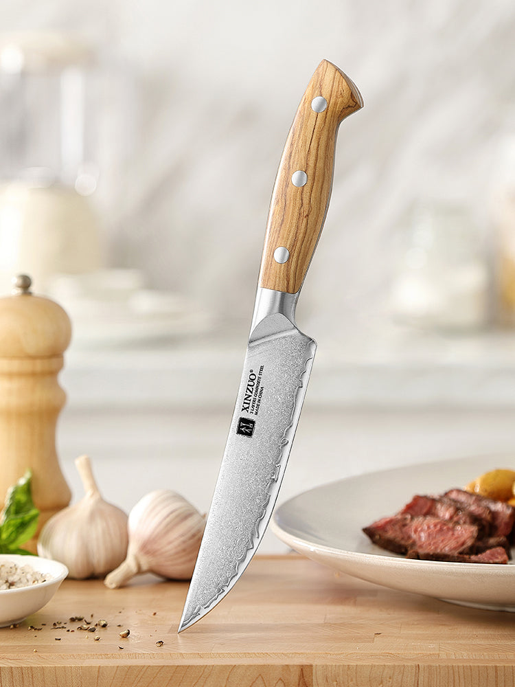 XINZUO 4PCS Steak Knife Set - Triple-Layer Composited Steel with Olive Wood Handle, Razor Sharp & Ergonomic Design-PIN Series