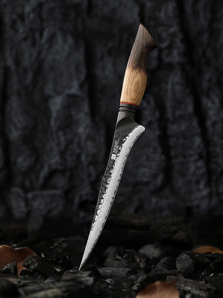 XINZUO 7.5 Inch Flexible Fillet Knife 67 Layers Damascus Steel with Burnt Oak Handle – Precision Fish & Boneless Meat Preparation Tool