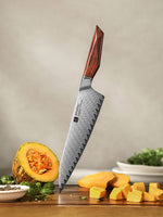 XINZUO Xing Series 73-Layer Damascus Steel 8.2”Bunka Knife – 14Cr14MoVNb Core, Rosewood & Brass Rivets Handle
