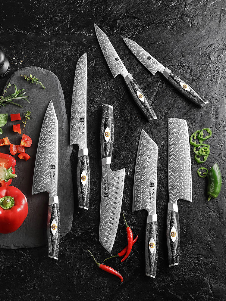 XINZUO 7PCS Knife Set 145-Layer M390 Damascus Steel Kitchen Knife – 60-62HRC Hardness, Black Carbon Fiber Handle
