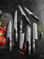 XINZUO 7PCS Knife Set 145-Layer M390 Damascus Steel Kitchen Knife – 60-62HRC Hardness, Black Carbon Fiber Handle