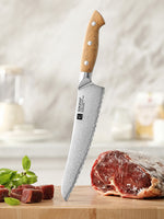 XINZUO Serrated Frozen Food Knife - Triple-Layer Composited Steel with Olive Wood Handle, Razor Sharp & Ergonomic Design-PIN Series