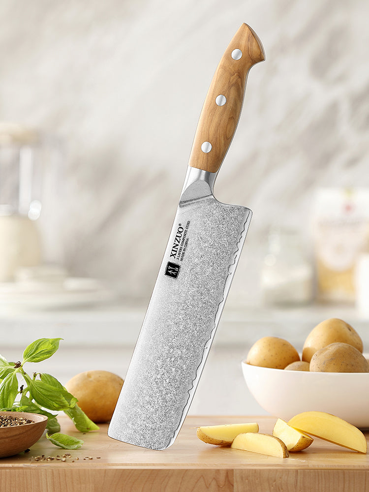 XINZUO Japanese Nakiri Knife - Triple-Layer Composited Steel with Olive Wood Handle, Razor Sharp & Ergonomic Design-PIN Series