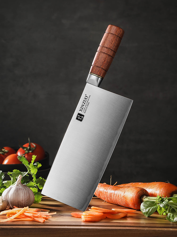 XINZUO 8 Inches Chinese Slicing Knife, 3 Layers Clad Steel with Red Wood Handle & Copper Rivets, 58~60HRC - FU Series