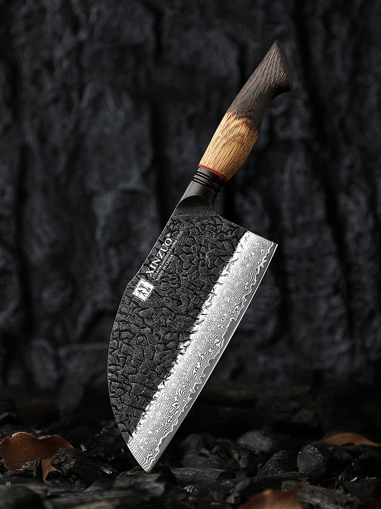 XINZUO 7.3 Inch Heavy Duty Bone Chopping Knife 67 Layers Damascus Steel with Burnt Oak Handle – Professional Butcher & Kitchen Cleaver