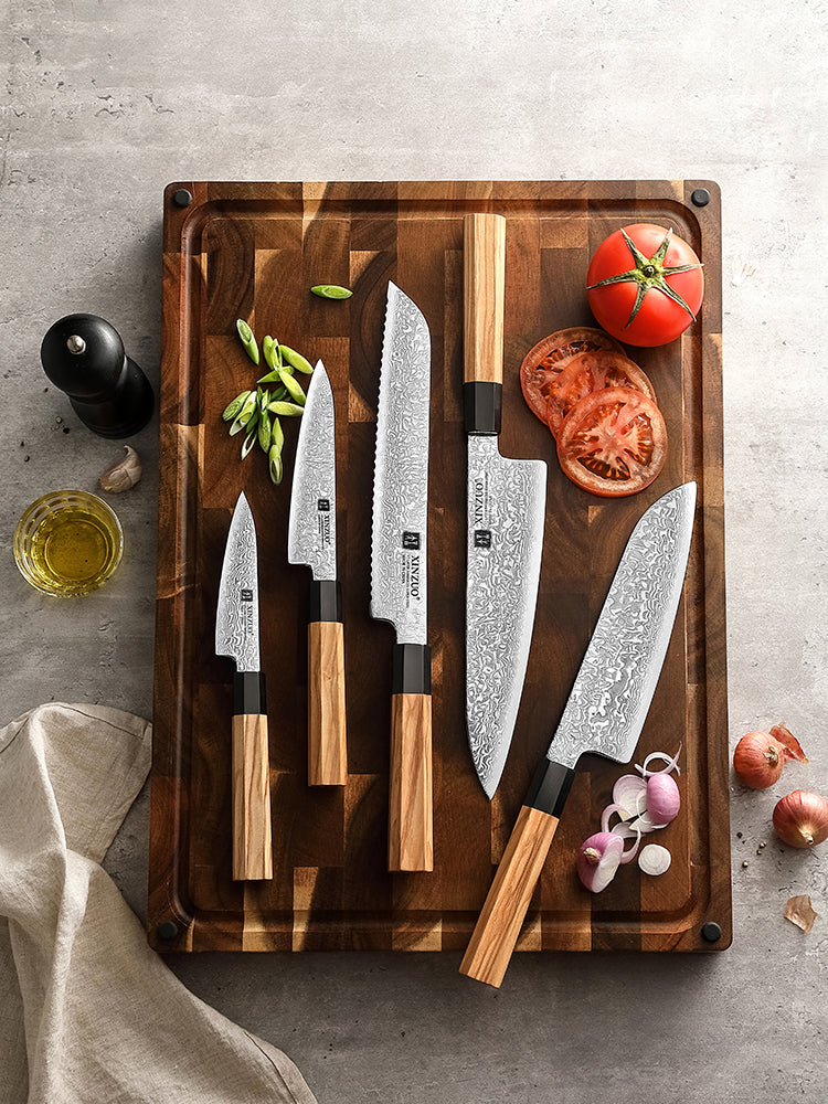 XINZUO 5-Piece Complete Kitchen Knife Set, Custom 67 Layer Damascus Steel Blade,Olive Wood Handle, For Home Daily Food Prep