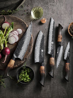 XINZUO 5-Piece Knife Set, 67 Layers Black Damascus Steel,Burnt Oak Handle MO-Series