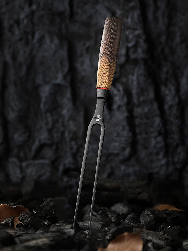 XINZUO 6 Inch Carving Fork with Burnt Oak Handle - Professional Meat Fork for Roasts, BBQ and Serving