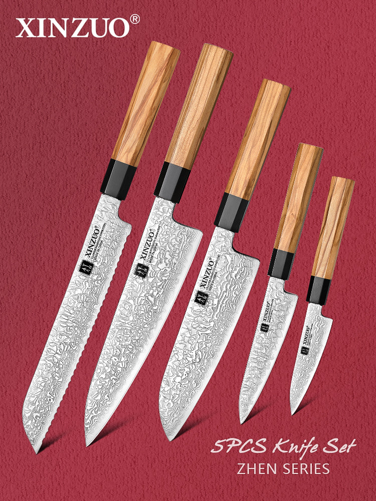 XINZUO 5-Piece Complete Kitchen Knife Set, Custom 67 Layer Damascus Steel Blade,Olive Wood Handle, For Home Daily Food Prep