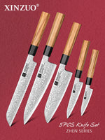 XINZUO 5-Piece Complete Kitchen Knife Set, Custom 67 Layer Damascus Steel Blade,Olive Wood Handle, For Home Daily Food Prep