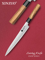 XINZUO 10 Inch Carving Knife, Custom 67‑Layer Damascus Steel Slicing Knife,15°±1 Per Side Sharp Edge, Premium Olive Wood & Buffalo Horn Handle