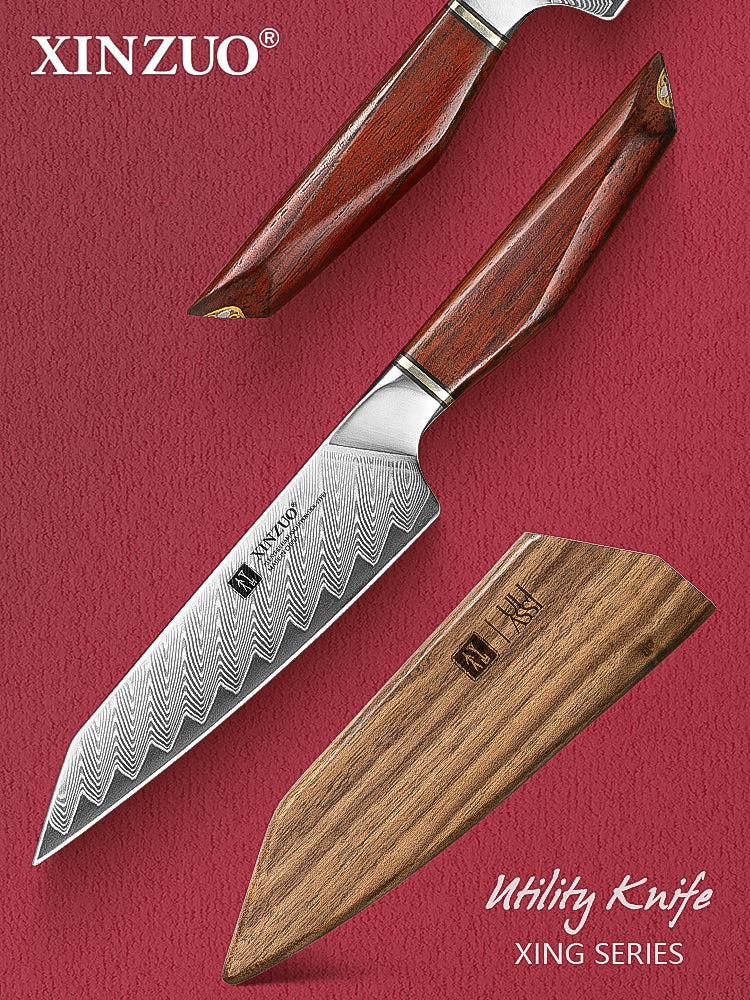 XINZUO Xing Series Hand-forged 5.1 Inches Utility Knife 73-Layer Pattern Damascus Steel - Ultra-Sharp Multi-Purpose Cooking Knife