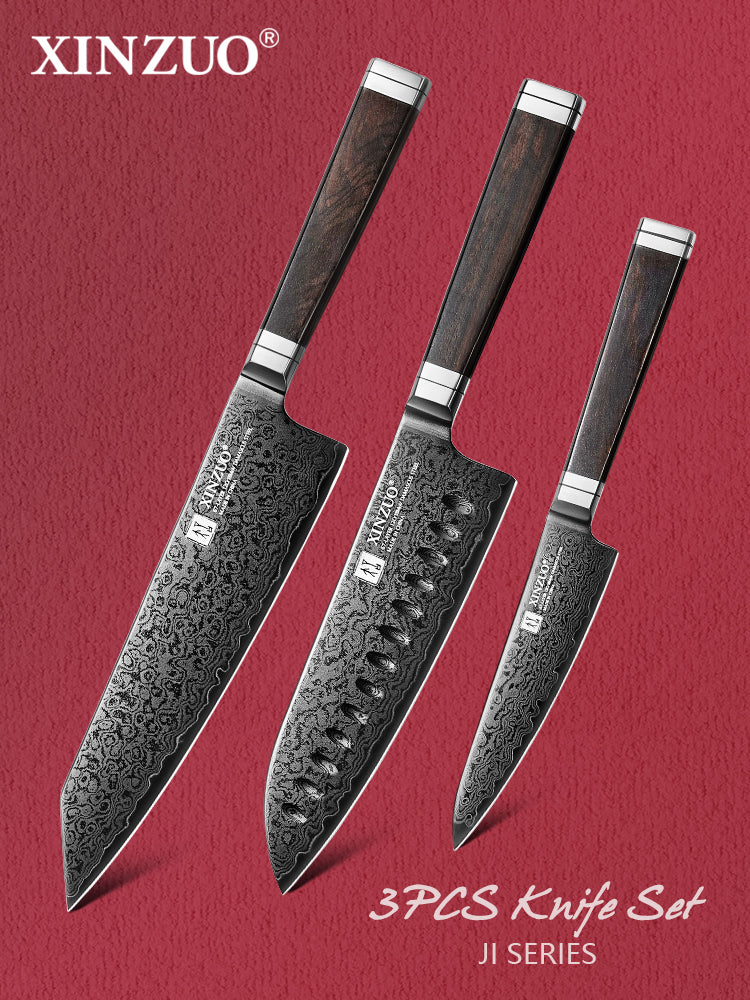 XINZUO Ji Series High Carbon Steel 3PCS Knife Set 67 Layers Damascus Steel Utility+Santoku+Bunka Knife,Kitchen Utensils