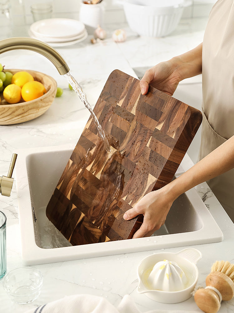 XINZUO Acacia Wood End Grain Cutting Board with Integrated Serving Tray Groove,Anti-Slip Feet,Gift Box, Size 16.1" x 12.2" x 1.65"