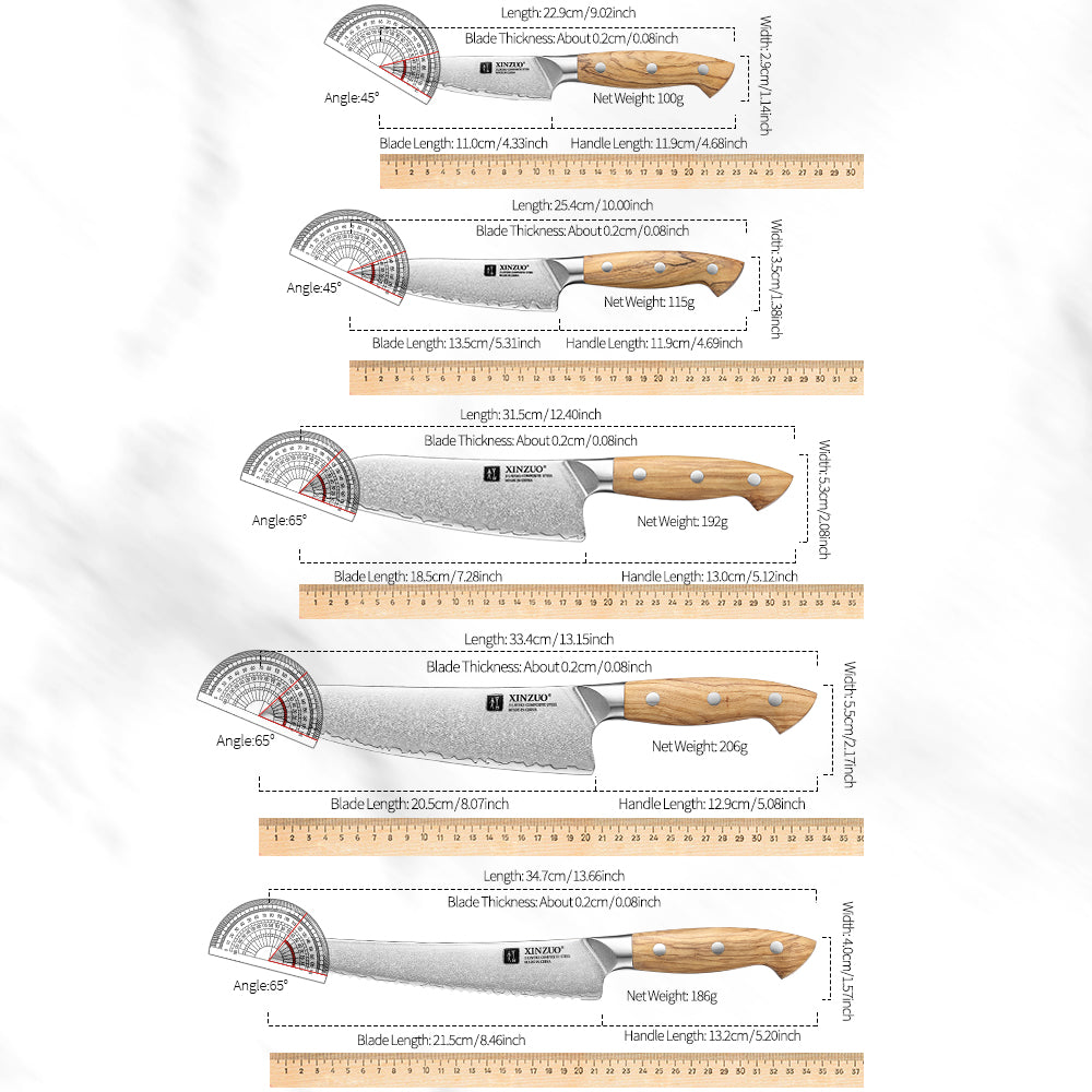 XINZUO 5PCS Kitchen Knife Set(Granton Chef, Santoku, Bread, Utility & Paring Knives) - Triple-Layer Composited Steel with Olive Wood Handle, Razor Sharp & Ergonomic Design-PIN Series