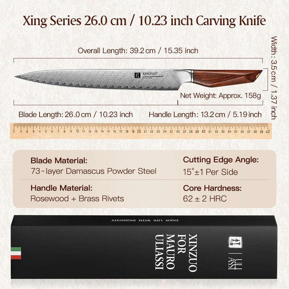 XINZUO Xing Series 10.2 Inches Carving Knife – 73-Layer Damascus Powder Steel, Michelin Star Collaboration, Sustainable Packaging, All-Purpose Culinary Tool