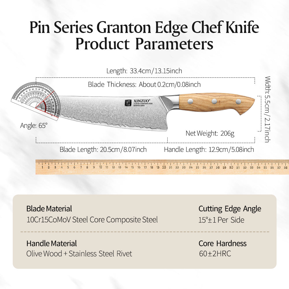 XINZUO Granton Edge Chef Knife - Triple-Layer Damascus Steel with Olive Wood Handle, Non-Stick & Razor Sharp-PIN Series