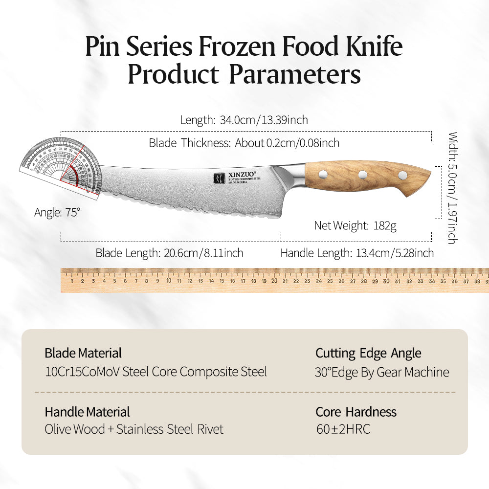 XINZUO Serrated Frozen Food Knife - Triple-Layer Composited Steel with Olive Wood Handle, Razor Sharp & Ergonomic Design-PIN Series