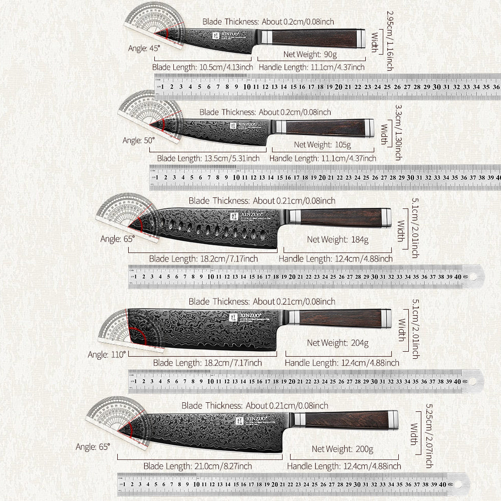 XINZUO Ji Series 5PCS Damascus Steel Knife Set 67-Layer Damascus Steel Blade 60±2 HRC Hardness Core 15° Ultra-Sharp Edge