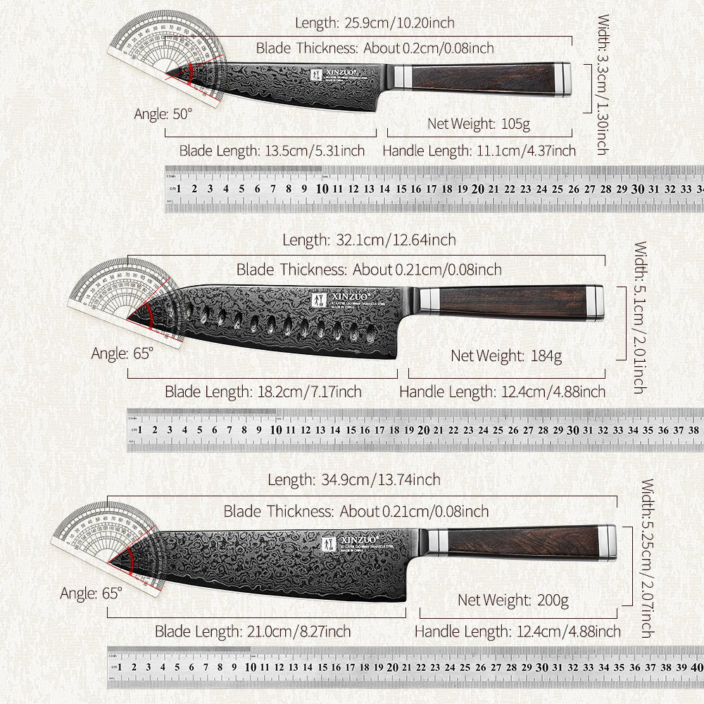 XINZUO Ji Series High Carbon Steel 3PCS Knife Set 67 Layers Damascus Steel Utility+Santoku+Bunka Knife,Kitchen Utensils