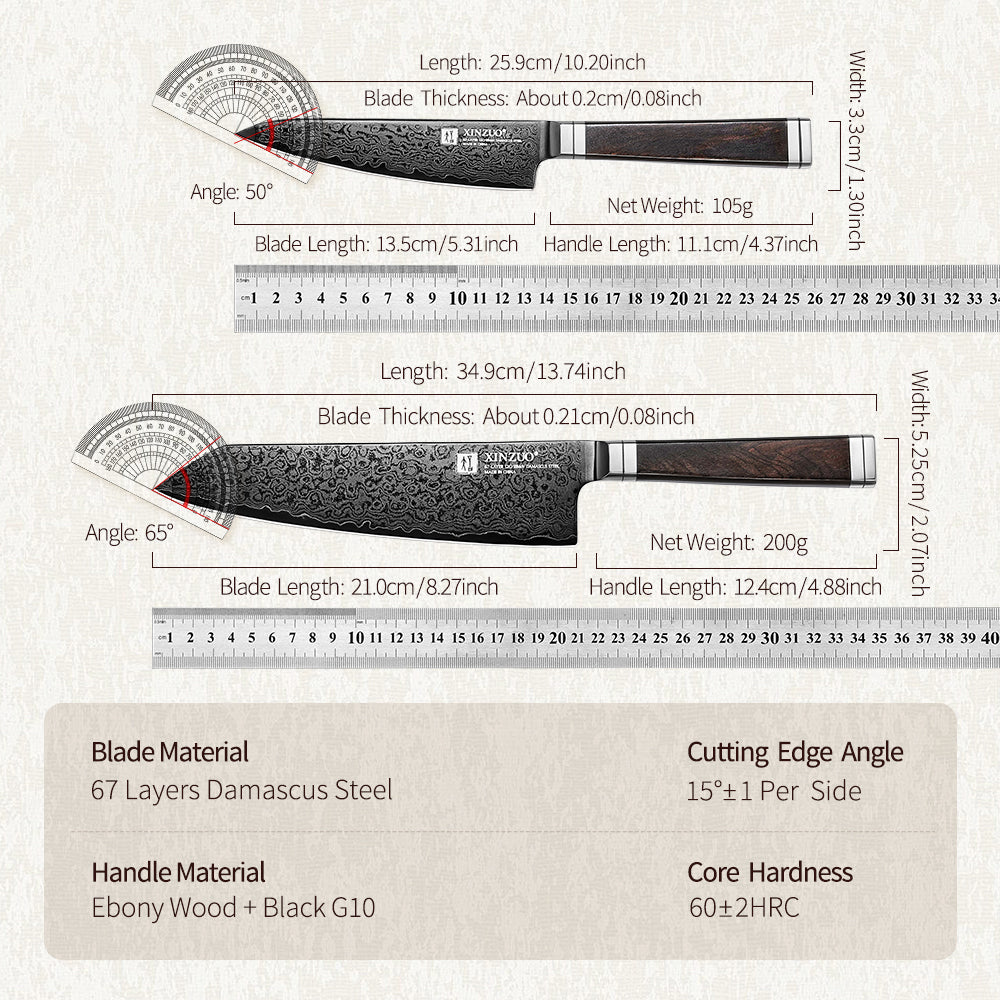 XINZUO Ji Series 2PCS Knife Set 67 Layers Damascus Super Steel 5.3”Utility Knife+8.3"Bunka Knife Hand-forged Kitchen Knife